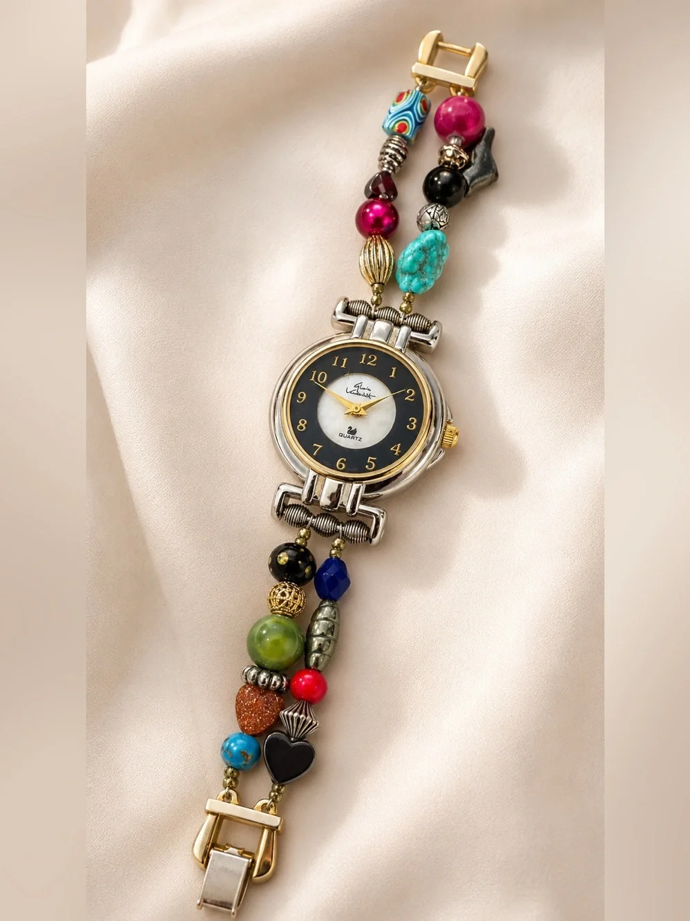 RARE Vintage Gloria Vanderbilt Ref 1024 Multicolor Beaded Quartz Bracelet Watch